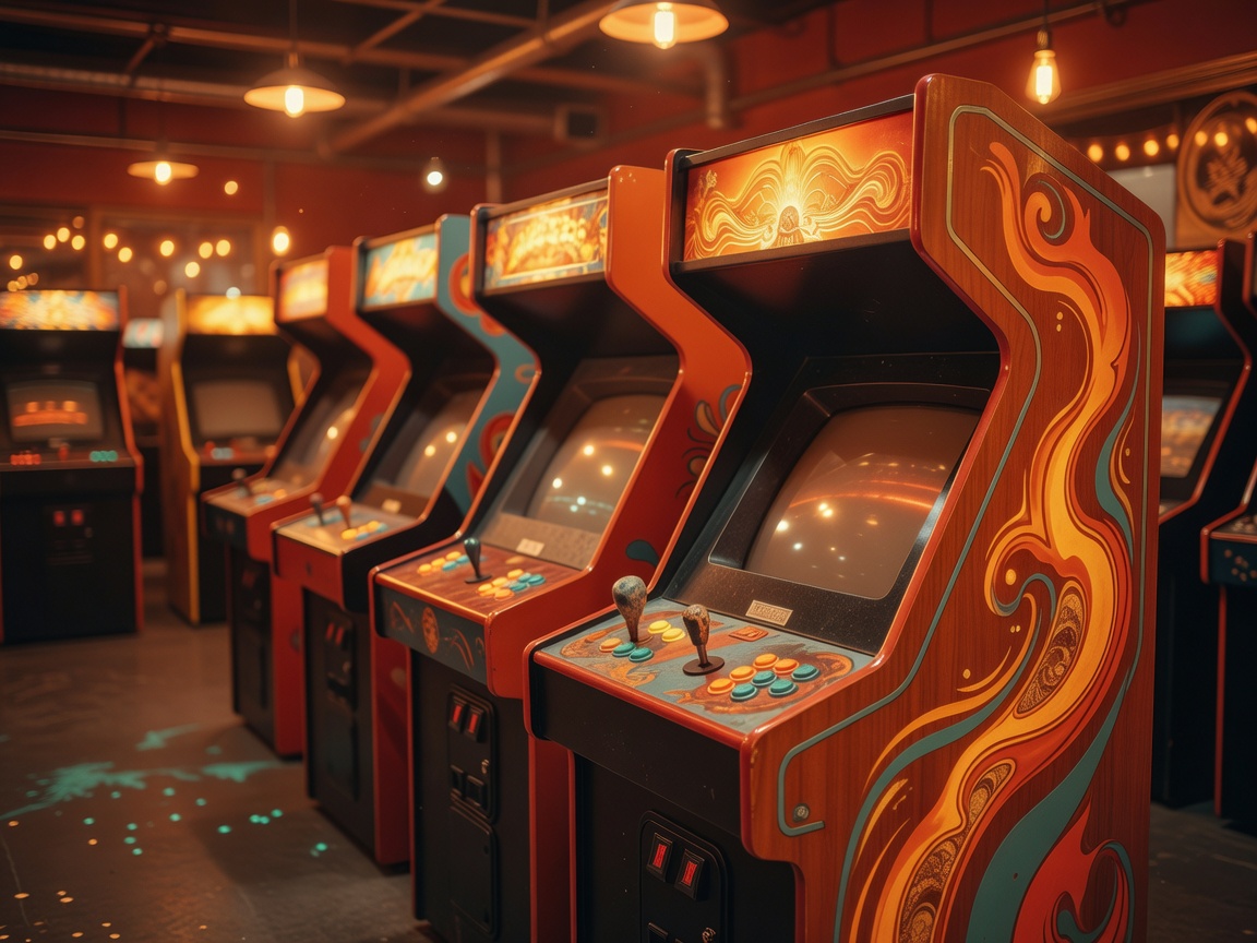 Colorful arcade design palette blog thumbnail in warm ember tones