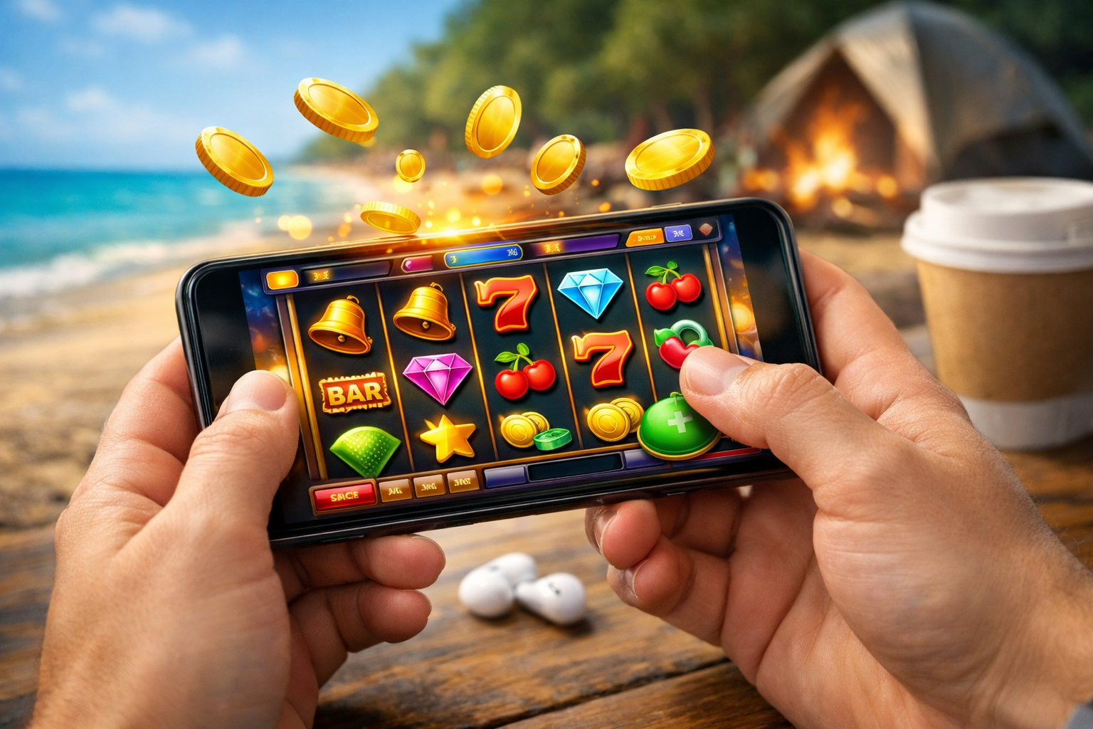 Person playing a free slot game on a phone, mobile play blog thumbnail