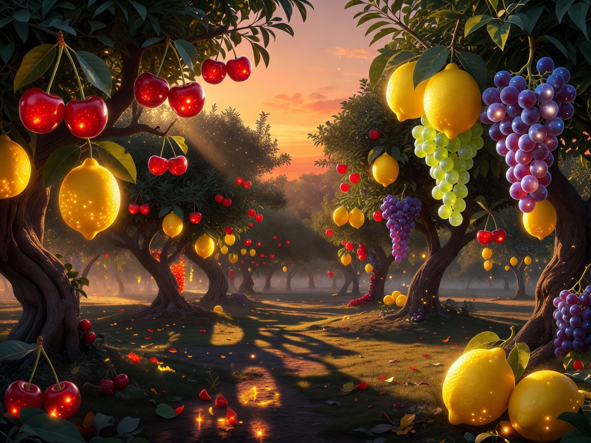 Warm sunset orchard glowing with cherries, lemons and grapes representing the Sizzling Deluxe game world
