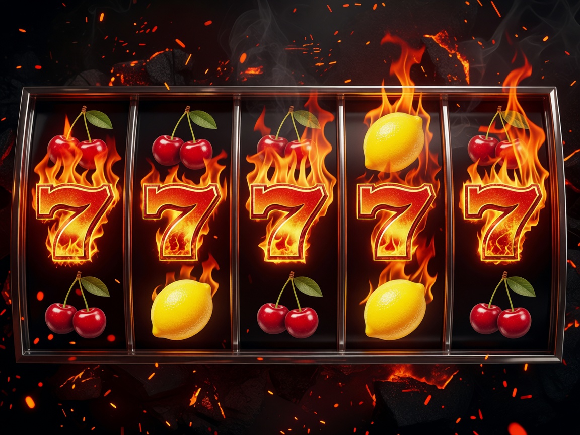 Sizzling Deluxe slot reels glowing with fiery cherries, lemons and lucky sevens on a dark ember background